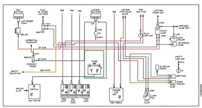 A detailed schematic diagram of a car's electrical system, specifically highlighting the components related to the power supply and the system that might cause a P3400 error. Focus on wiring connections, fuses, relays, and the battery. The diagram should be clean, well-organized, and easy to understand, with clear labels for each component.