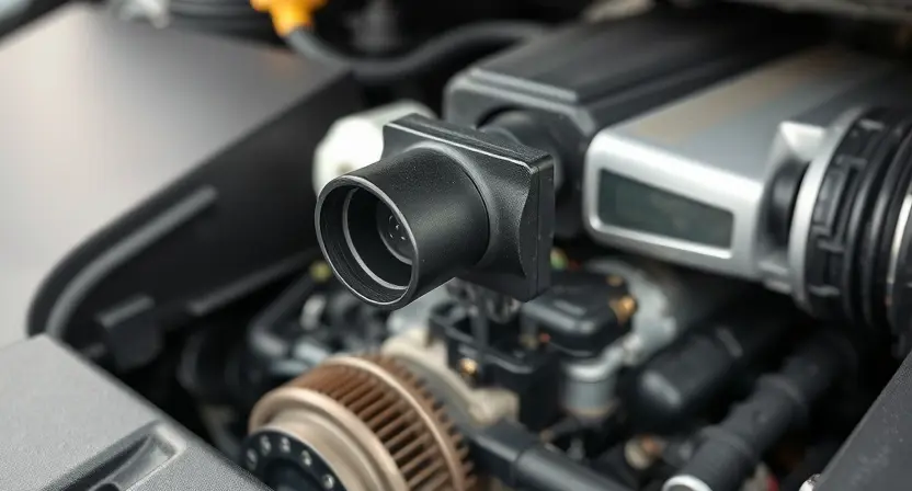 A close-up, detailed image of a car's engine bay. Focus on the mass airflow sensor (MAF sensor) and its surrounding components. The engine should appear clean and well-maintained. The lighting should be bright and even, highlighting the sensor's details.