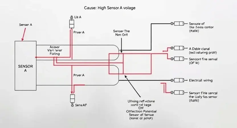A detailed schematic diagram of an automotive sensor system, highlighting the sensor A and its connection to the vehicle's control unit. Include visual representations of potential causes for high sensor A voltage, such as wiring issues, faulty sensors, or electrical interference. Focus on clarity and technical accuracy.