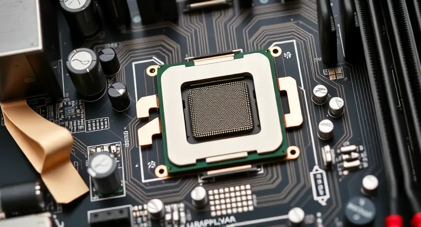 A close-up, detailed image of a computer motherboard with a highlighted CPU socket. Focus on the intricate circuitry and components around the socket. The image should convey a sense of technical precision and repair.