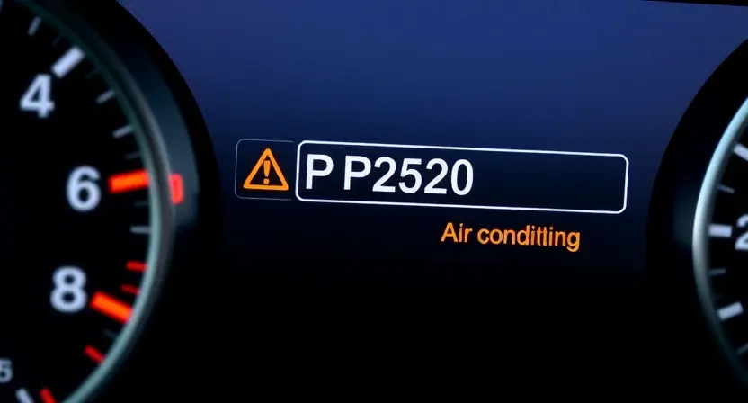 A close-up, detailed image of an automotive dashboard displaying a warning light for a P2520 error code related to the air conditioning system. The dashboard should be clean and modern, with a focus on the warning light and any accompanying text or symbols. The background should be slightly blurred to emphasize the dashboard.