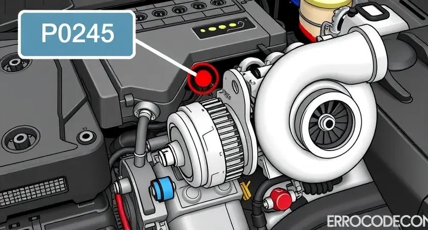 A detailed illustration of an engine with a turbocharger, highlighting the P0245 error code indicator. The image should show the turbocharger connected to the engine, with a visual representation of the error code displayed on a dashboard or diagnostic screen. Focus on the technical aspects of the engine and the turbocharger.