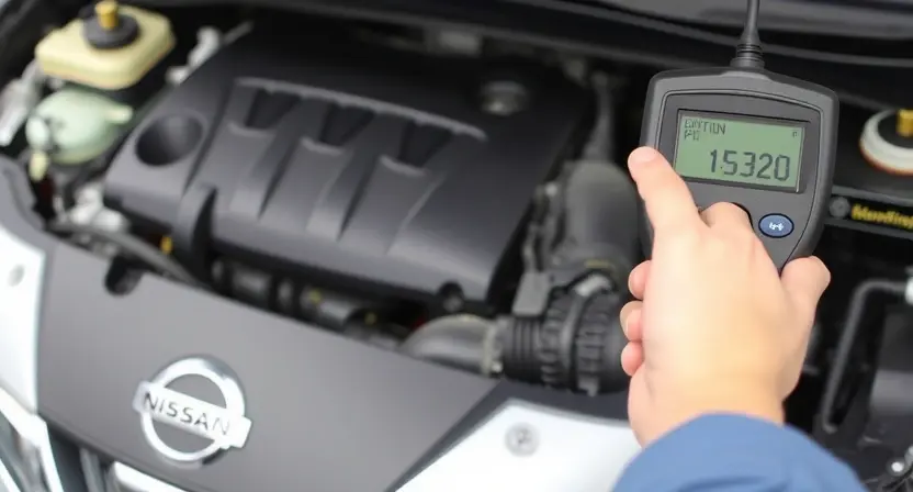 A detailed close-up of a Nissan car engine with a focus on the ignition system, specifically highlighting the faulty ignition coils. The image should show the engine bay with the hood open, and the ignition coils visibly damaged or malfunctioning. The scene should include a mechanic's hand holding a diagnostic tool, indicating the error code P1320 on the tool's display.