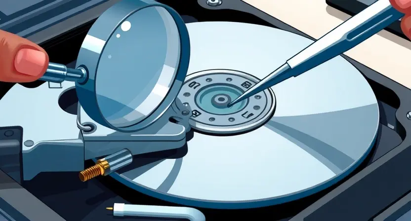 A close-up, detailed illustration of a computer hard drive being inspected. The hard drive should be partially disassembled, revealing internal components. Tools like tweezers and a magnifying glass are present, suggesting a diagnostic process. Focus on the delicate mechanisms and potential areas of concern like dust or loose parts. The background should be a clean, well-lit workspace.