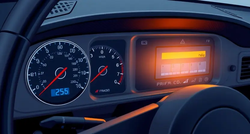 A detailed illustration of a car's dashboard showing a warning light illuminated, specifically the one related to the radio or communication system. The dashboard should be realistically rendered with visible gauges, buttons, and textures. The warning light should be clearly visible and distinct.