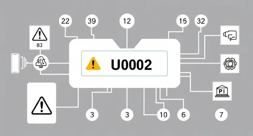 A high-quality technical illustration showing a CAN bus network with a highlighted error code U0002, including symbols like warning icons, circuit diagrams, and technical schematics, all rendered in a clean, professional style without any text, letters, or digits on the image