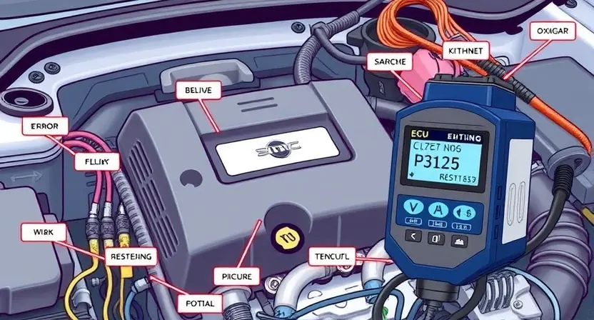 A technical illustration showing a car's engine control unit (ECU) with a diagnostic scanner connected via OBD-II port, displaying error code P3125 on the screen, surrounded by labeled components such as fuel injectors, oxygen sensors, and wiring harnesses, in a clean, professional workshop setting with soft daylight lighting