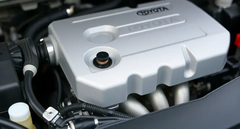 A close-up shot of a Toyota engine bay, focusing on the oxygen sensor and related wiring. The engine should appear clean and well-maintained. A subtle glow or highlight could indicate the sensor's location.