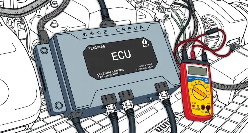 A detailed illustration of an automotive engine control unit (ECU) with various diagnostic tools connected to it. The ECU should be prominently displayed, surrounded by wiring harnesses, diagnostic cables, and a multimeter. The background should be a clean, technical environment, possibly a workshop or laboratory. Focus on clarity and precision in depicting the components and connections.