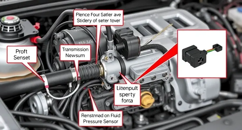 A detailed illustration of a car's transmission electrical system. Focus on wiring harnesses, connectors, and sensors related to the P0720 code (Transmission Fluid Pressure Sensor Circuit Malfunction). Include close-ups of specific connectors and wiring. The background should be a slightly blurred view of a car engine bay.