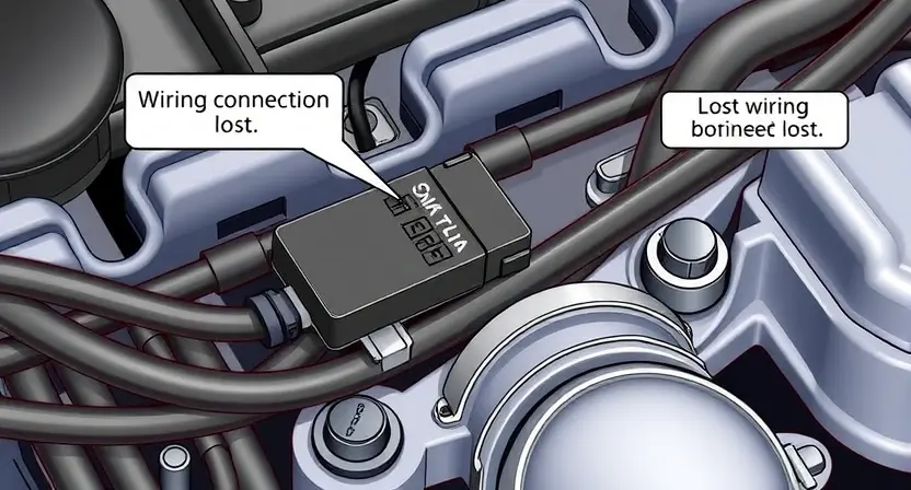 A detailed illustration of a car's ABS (Anti-lock Braking System) control module with visible wiring connections, highlighting the point where the connection is lost. The image should include a close-up of the control module and the surrounding wiring harness, with a focus on the electrical connectors. The background should show a car's undercarriage or engine bay to provide context.