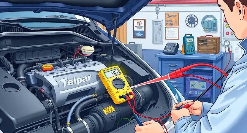 A detailed illustration of a car engine's primary control circuit with a highlighted low signal area, showing the components and wiring involved. The image should depict the diagnostic process, with a technician using a multimeter to check the signal levels. The scene should be set in a well-lit garage with various diagnostic tools and equipment in the background.