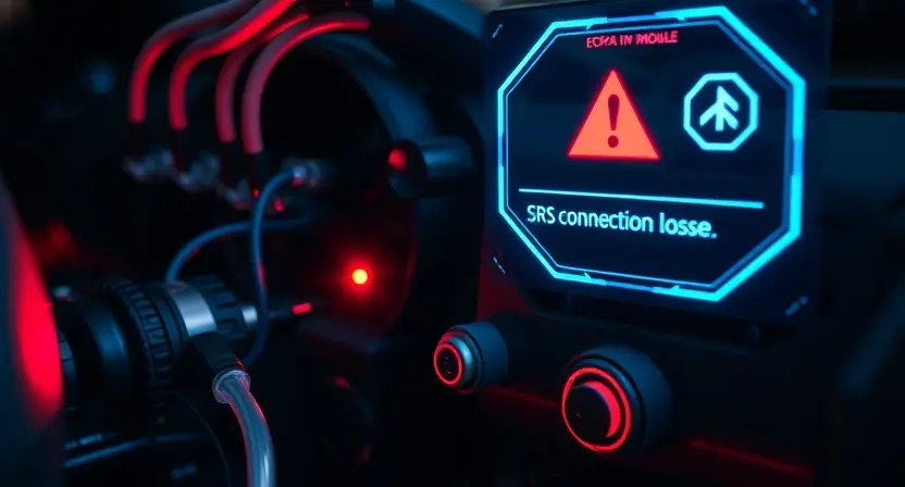 A high-tech cinematic close-up of a modern car's electronic control unit (ECU) and SRS airbag module, connected by glowing fiber optic cables and wiring harnesses. A holographic diagnostic interface overlays the scene, showing a red warning signal and a broken connection icon symbolizing a communication loss. The lighting is moody with neon blue and red accents, emphasizing a futuristic automotive repair shop atmosphere, hyper-realistic details, 8k resolution.