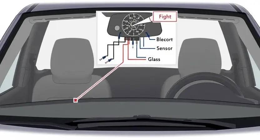 A detailed technical illustration of a car windshield with a cracked glass sensor circuit diagram overlay, showing wiring, connectors, and a fault indicator light on the dashboard, with subtle red warning symbols near the sensor area, all in a clean, professional automotive diagnostic style