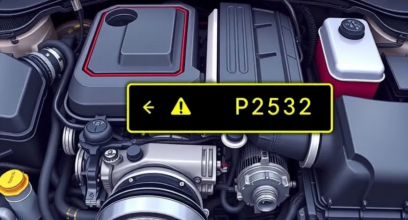 A detailed illustration of a car engine with a highlighted error code P2532. The engine should be realistically rendered, showing various components like pistons, valves, and sensors. The error code should be clearly displayed on a digital dashboard or a separate panel near the engine.