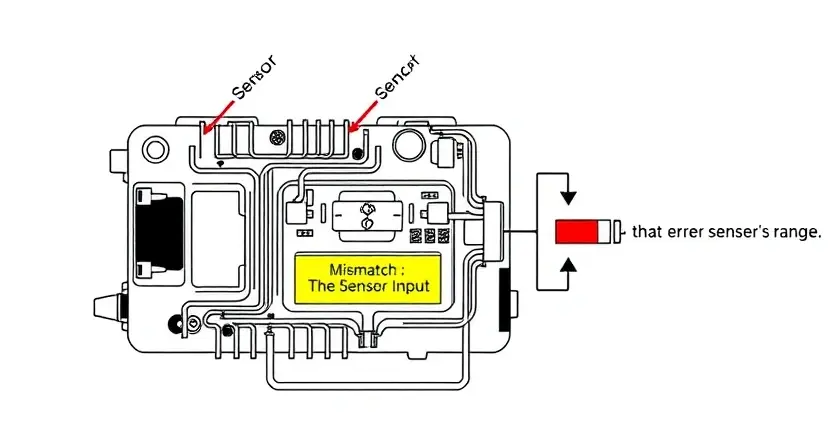 A detailed schematic diagram of an engine control unit (ECU) with a highlighted sensor input. The diagram should clearly show the sensor's connection to the ECU and the data flow. Include visual indicators representing a mismatch or error condition in the sensor's range. Focus on technical accuracy and clarity. The background should be a clean, neutral color.