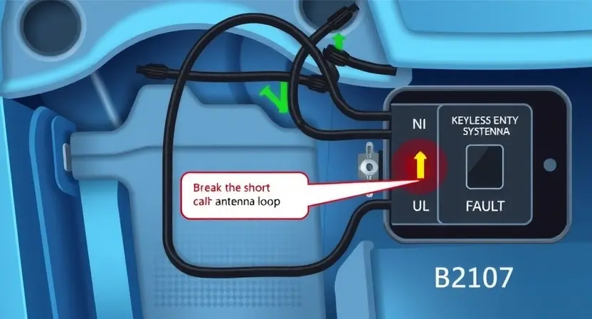 A detailed technical illustration of a car's keyless entry system antenna circuit, showing wiring, connectors, and electronic components with a fault indicator highlighting a break or short in the antenna loop, labeled with error code B2107, in a clean automotive diagnostic style with subtle circuit board textures and soft blue backlighting, no text or numbers visible on the image