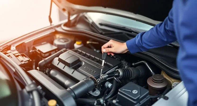 A mechanic is working on the engine of a car. The engine is open, revealing various components. The mechanic is using tools to inspect or replace a part. Focus on the engine compartment and the mechanic's hands working on the engine.