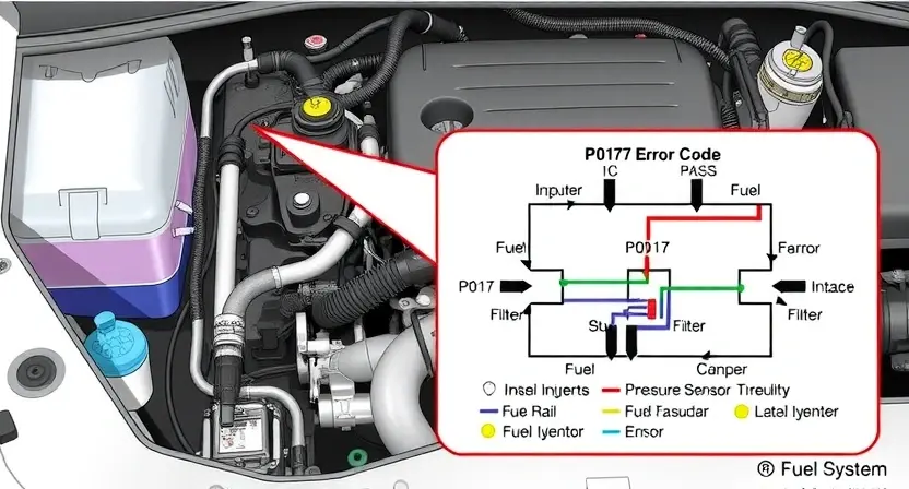 A detailed illustration of an automotive engine bay, focusing on the fuel system. Include a fuel injector, fuel rail, fuel pressure sensor, and a schematic diagram overlaid on the image highlighting the P0179 error code and its potential causes. The engine should be partially visible, showing components like the intake manifold and air filter. The overall aesthetic should be technical and informative, with clean lines and accurate representations of the parts.