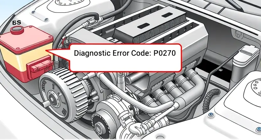 A detailed illustration of a car engine with a diagnostic error code P0270 highlighted. The engine should be realistically rendered, showing various components like the crankshaft, camshaft, and sensors. The error code should be clearly visible on a digital display near the engine.