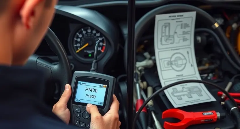 A detailed automotive diagnostic scene showing a mechanic using an OBD-II scanner connected to a car's dashboard, with the error code P1400 clearly displayed on the scanner screen, surrounded by engine components like the EGR valve and vacuum hoses, in a well-lit garage setting with tools and technical diagrams on a workbench