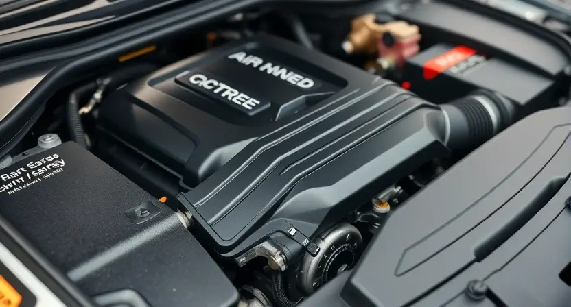 A close-up, detailed image of a car engine bay. Focus on the engine's components, specifically the air intake system and associated sensors. The engine should appear clean and well-maintained. The overall lighting should be bright and even, highlighting the mechanical details.