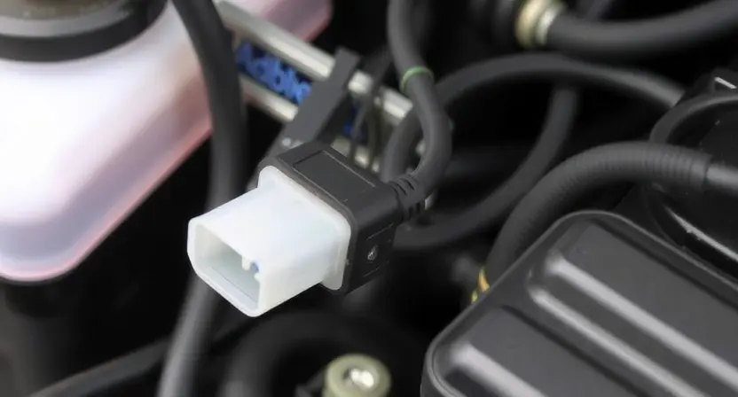 A close-up photograph of a car's AdBlue tank sensor and wiring. The sensor should be clearly visible, along with the surrounding wiring harness. The background should be a slightly blurred view of the engine compartment. Focus on the connection points and any potential signs of damage or corrosion.