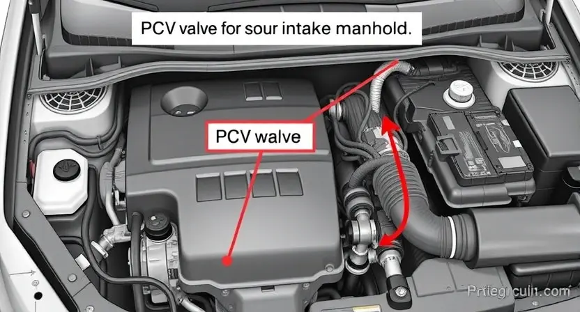 A detailed illustration of a car's engine bay, focusing on the position of the PCV valve and its connection to the intake manifold. Include visual cues representing the P0228 error code, such as a highlighted area or a small icon. The image should be clean and informative, suitable for a technical guide.