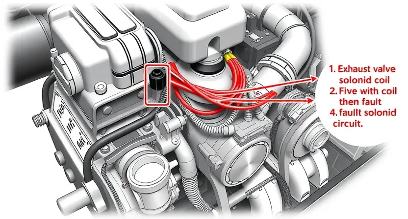 A detailed technical illustration of a car engine showing the exhaust valve solenoid coil and its wiring, with highlighted components and annotations indicating a fault in the solenoid circuit, clean white background, high quality, no text or numbers on the image