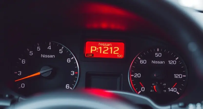 A close-up shot of a Nissan car dashboard with a highlighted error message displaying "P1212". The dashboard should be clean and modern, focusing on the error indicator. The background should be slightly blurred to emphasize the dashboard.