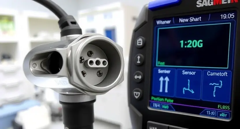 A close-up, detailed illustration of a crankshaft position sensor being tested. The sensor should be clearly visible, connected to wires, and positioned near a diagnostic tool displaying sensor data. Focus on the sensor's internal components and wiring connections. The background should be a clean, professional laboratory setting.