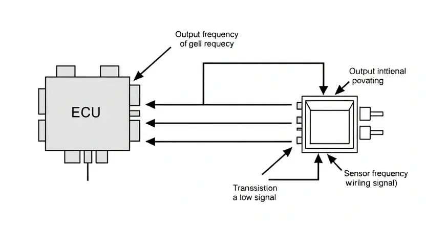 A detailed diagram illustrating a vehicle's engine control unit (ECU) and its connection to the transmission control module (TCM). Arrows should show the flow of data related to the output frequency of the engine's rotational speed. Include visual representations of potential causes of low signal, such as sensor malfunctions or wiring issues. The diagram should be clean and professional, suitable for a technical manual.
