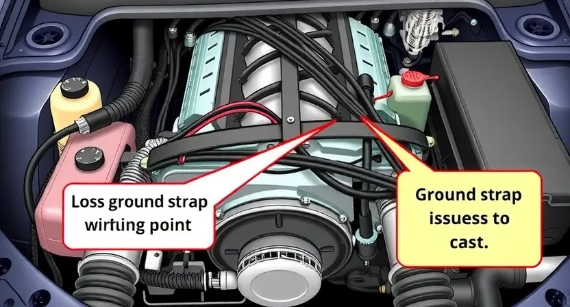 A detailed illustration of an automotive engine bay, focusing on the wiring harness and grounding points. Highlight the ground strap connecting the engine block to the chassis. Include visual cues indicating a potential ground connection issue, such as a loose or corroded connection.