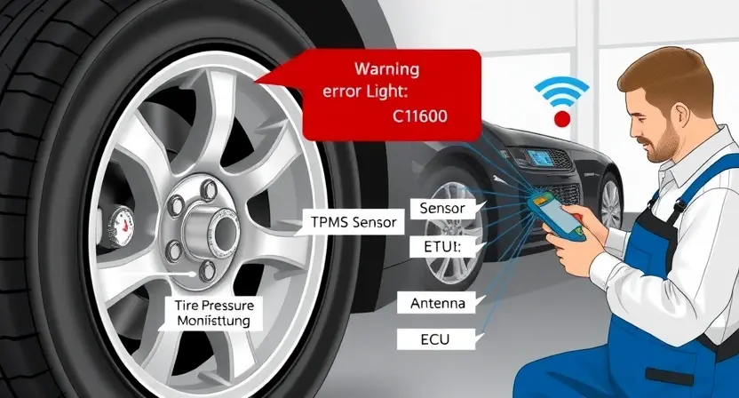 A detailed technical illustration of a car tire pressure monitoring system (TPMS) showing a sensor inside a tire, a warning light on the dashboard displaying error code C1600, and a mechanic using a diagnostic tool to check the system, with clear labels on components like the sensor, antenna, and ECU, in a clean, professional automotive workshop setting