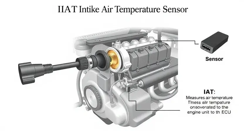 A detailed illustration of an IAT (Intake Air Temperature) sensor, showing its components and connections within an engine. Include a diagram explaining how the sensor measures air temperature and transmits data to the engine control unit (ECU).