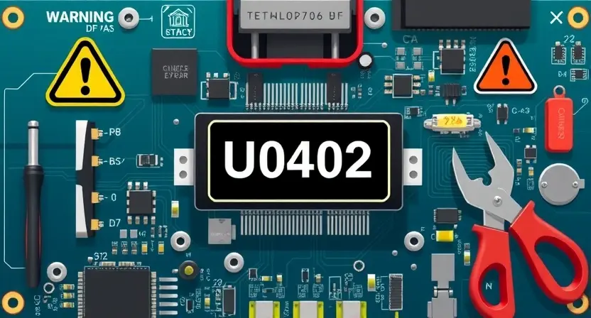A high-quality technical illustration showing a circuit board with a highlighted U0402 error code, surrounded by warning signs and repair tools, clean and professional visual style