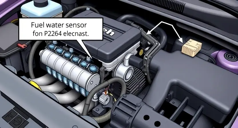A detailed illustration of a car engine with a highlighted fuel system, specifically focusing on the fuel water sensor and its surrounding components. The image should show the sensor's location and connections to emphasize the potential issues that could lead to the P2264 error code. The scene should be realistic and technically accurate, with a clean and professional appearance.