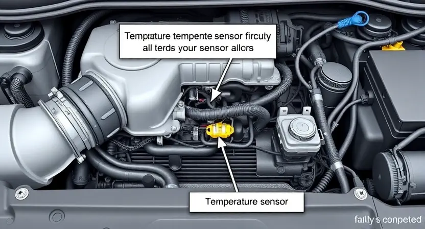 A detailed illustration of an automotive engine bay, focusing on the temperature sensor circuit. Show wiring, connectors, and the sensor itself. Highlight the potential for a faulty connection or damaged component.