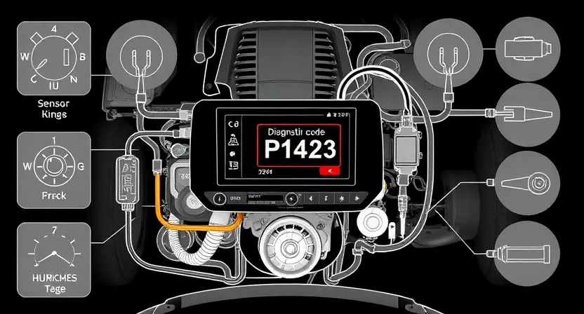 A high-quality technical illustration showing a car engine control system with a highlighted error code P1423 on a diagnostic display, surrounded by schematic wiring diagrams and sensor icons, clean lines, technical accuracy, no text or numbers on the image