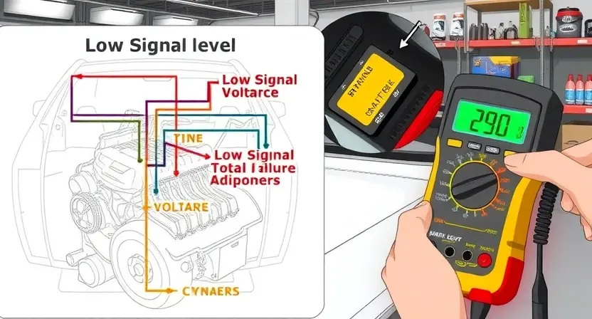 A detailed illustration of a car engine's primary control circuit with a focus on the low signal level issue. Show the wiring diagram with highlighted areas indicating potential points of failure or low signal. Include visual representations of diagnostic tools like a multimeter being used to check voltage levels. The scene should be set in a well-lit garage or workshop with various automotive tools and equipment in the background.