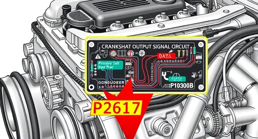 A detailed illustration of an engine block with a highlighted circuit board representing the crankshaft output signal circuit. Focus on the components and wiring related to the P2617 error. Include visual cues indicating a potential fault or malfunction.