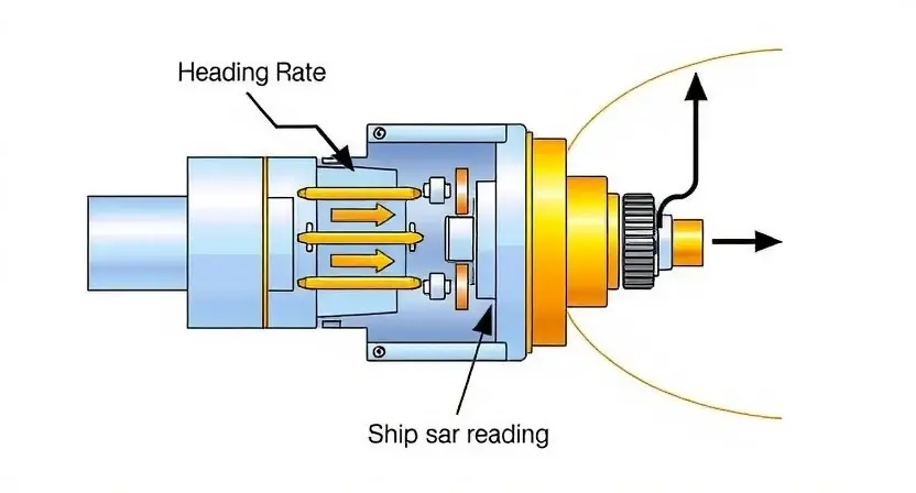 A detailed illustration of a heading rate sensor, showcasing its internal components and how it measures the ship's heading. Include arrows indicating the direction of rotation and the sensor's output signal. The background should be a clean, technical drawing style.