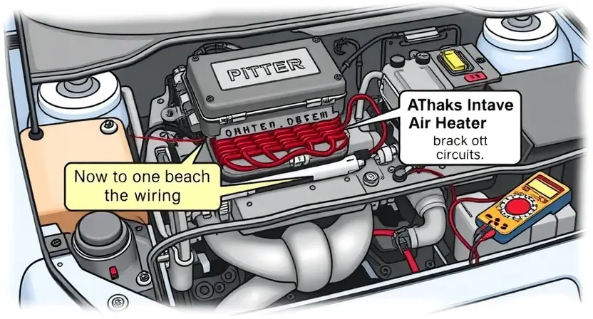 A detailed illustration of a car's engine bay, focusing on the intake air heater and its wiring. Highlight the potential break in the circuit with a visual cue like a broken wire or a disconnected connector. Include diagnostic tools like a multimeter near the component.