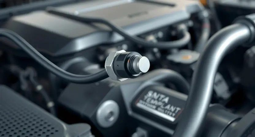 A close-up, detailed illustration of a car's engine bay. Focus on the engine coolant temperature sensor and its wiring. The background should show other engine components, but blurred to keep the focus on the sensor. The overall lighting should be bright and clean, highlighting the sensor's details. The image should convey a sense of technical precision and clarity.