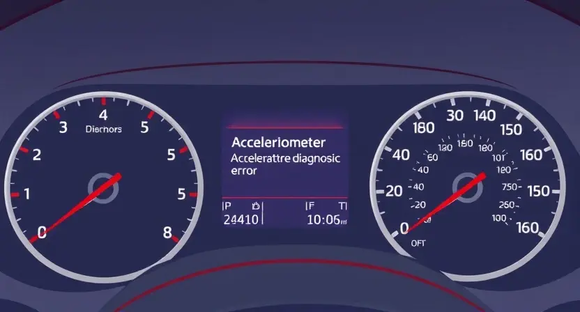 A close-up, detailed illustration of a modern automotive dashboard with a prominent display showing a diagnostic error message related to an accelerometer. The dashboard should be clean and well-lit, focusing on the error message and surrounding gauges. The background should be slightly blurred to emphasize the dashboard.
