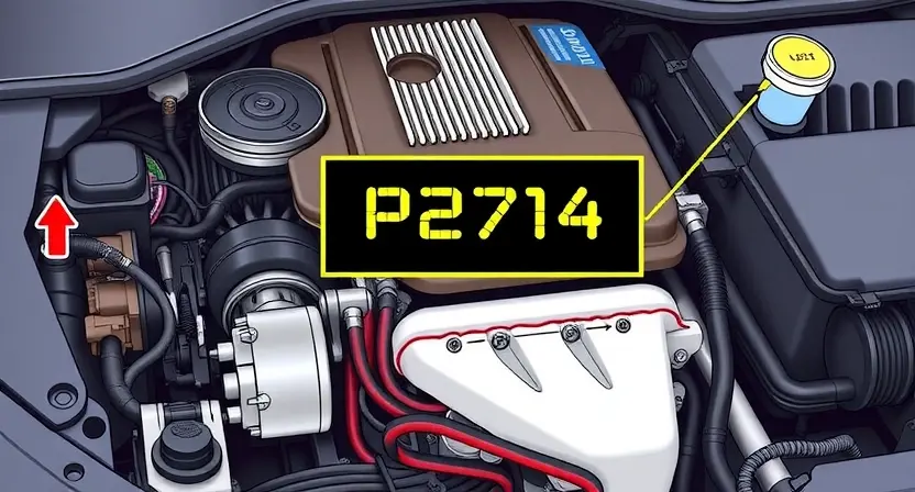 A detailed illustration of a car engine with a highlighted P2714 error code indicator. The engine should be realistically rendered, showing various components like pistons, valves, and belts. The P2714 code should be clearly displayed on a digital dashboard or a dedicated error display within the engine bay.