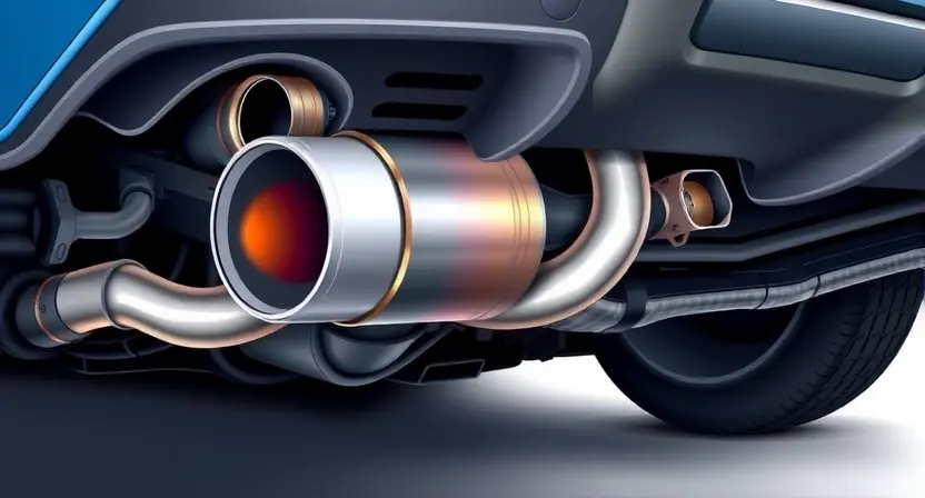A detailed, realistic illustration of a car's exhaust system, specifically focusing on the catalytic converter area. The image should highlight the internal components of the catalytic converter, showing its structure and how it interacts with exhaust gases. Include visual cues representing a rich fuel mixture, such as subtle glowing or shimmering effects within the converter. The overall composition should be clean and informative, suitable for an automotive repair manual.