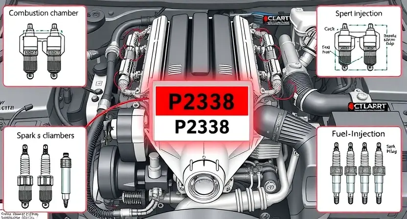 A high-quality technical illustration showing a car engine with a highlighted third cylinder, displaying a warning sign or error code P2338, surrounded by schematic diagrams of combustion chamber issues, spark plugs, and fuel injection components, clean background, technical drawing style, detailed mechanical parts, no text or numbers on image
