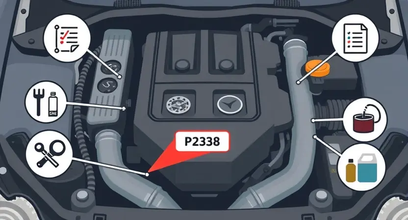 A high-quality technical illustration showing a car engine with a highlighted third cylinder, displaying a warning sign or error code P2338, surrounded by preventative maintenance symbols like tools, checklists, and fluid containers, clean and professional visual style