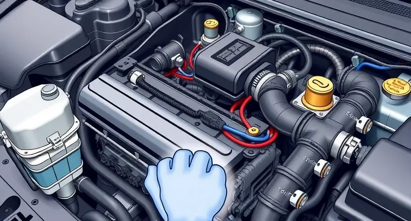 A detailed illustration of an automotive engine bay, focusing on the ignition system. Show various components like spark plugs, ignition coils, distributor (if applicable), and wiring harness. Highlight a potential fault area with a visual indicator of a problem (e.g., a slightly damaged wire or a loose connection). The overall scene should convey a sense of technical inspection and potential malfunction.